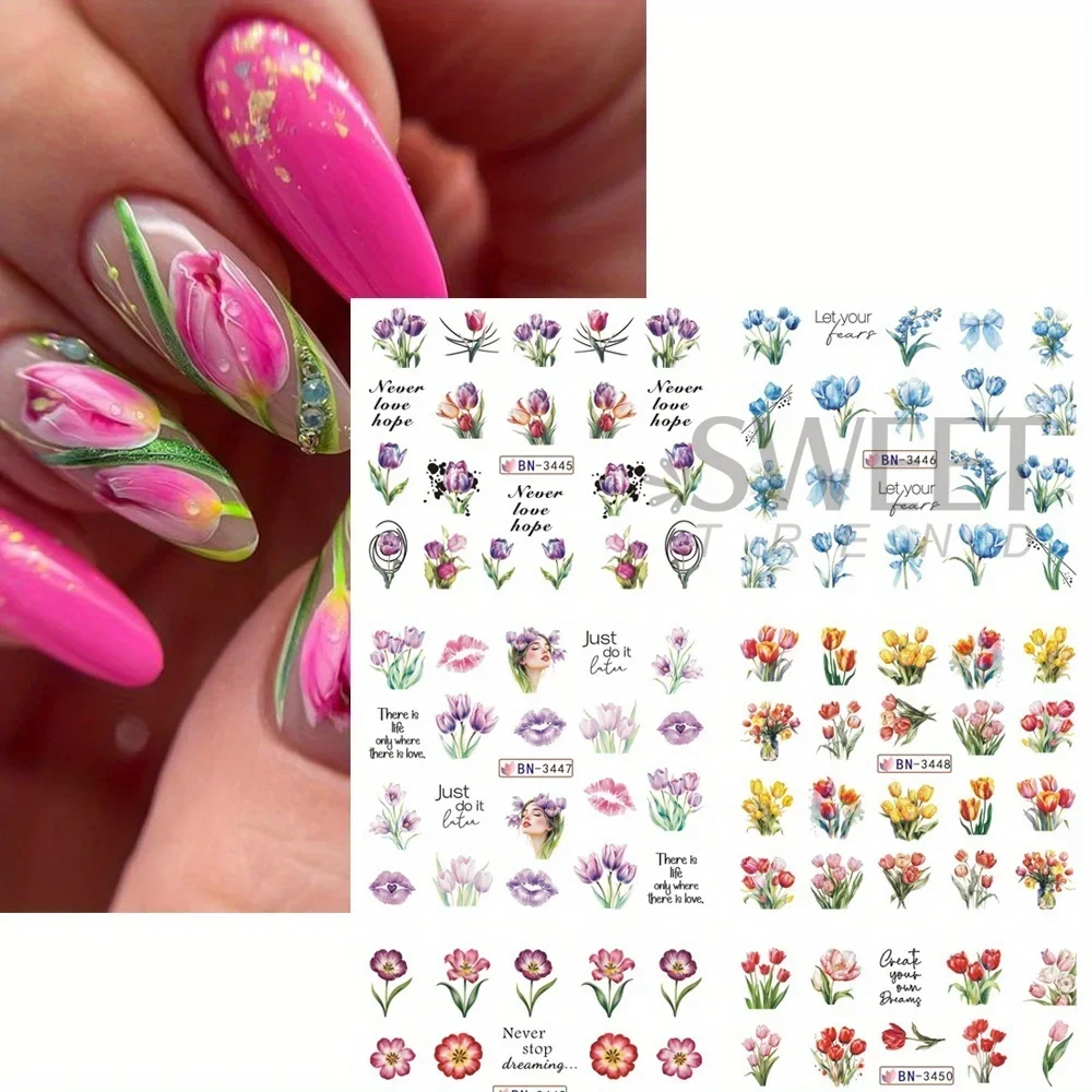 Simple Tulips Flower Nail Stickers 12 Designs Colorful Bouquet Bow Sunflower Water Decals Nail Art Decoration Watermark Florals