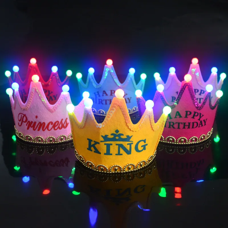 New Children Cake Shop Supplies Party Hat Led With Lamp Felt Cloth Wholesale Birthday Hat Luminous Crown S1197
