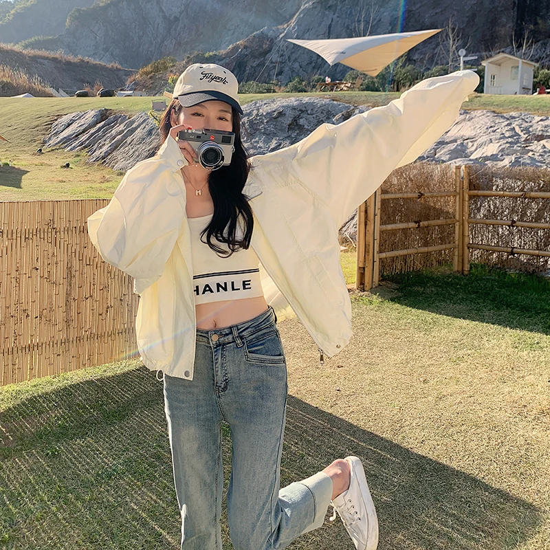 

2023 Early Autumn Simple Korean Style Short Jacket for Women Streetwear Hip Hop Loose Casual Zipper Thin Coat Outerwear 0857