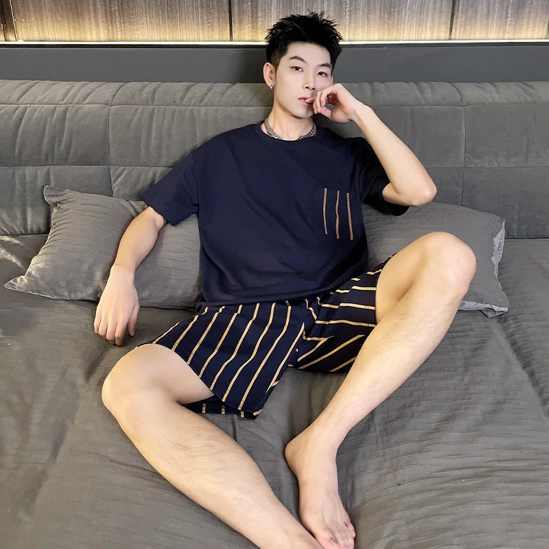 Men Cotton Pajamas Set Short Sleeve Shorts Plus Home Suit for Boy Casual Pajama Korean Loose Stylish Piaid Summer New