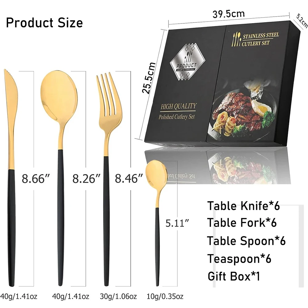 

24 Pieces Stainless Steel Tableware Black-Golden Flatware Cutlery Set Utensils Set Knives Fork Spoon Set Kitchen Dinnerware