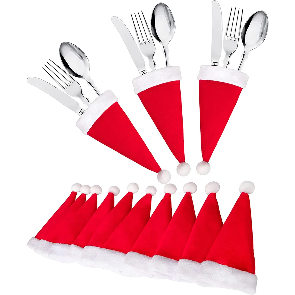 Mini Santa Hats Fork Knife Tableware Silverware Holder Christmas Beanie Hat Christmas Hat Holder 10/15/20pcs