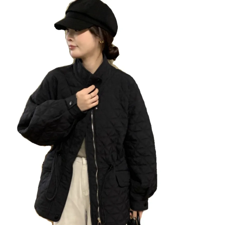 Korean Style Loose Casual Maternity Winter Coats Long Sleeve Zipper Fly Drawstring Waist Pregnant Woman Plaid Cotton Outwear