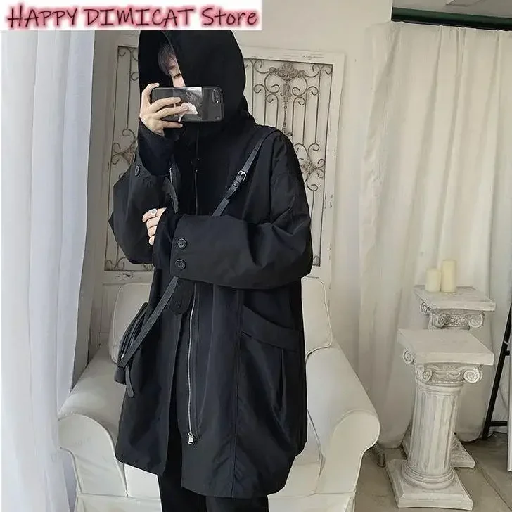 Men's Casual Hooded Jackets, Hip Hop Streetwear Coats, Black Overcoat, Harajuku Windbreaker, Male Outwear, New