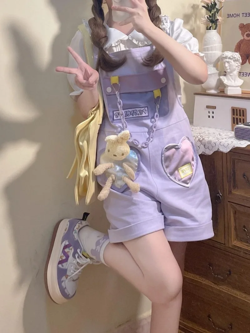 Salopette Courte Y2K Chic et Décontractée pour Femmes, Style Japonais Kawaii, avec Bretelles Violettes, Collection 2026
