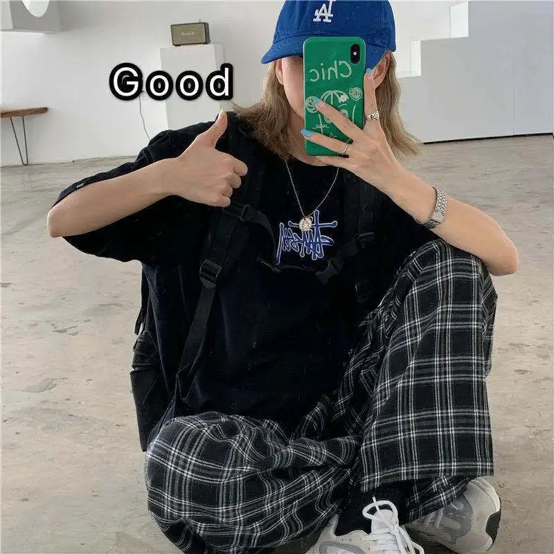 Straight Plaid Pants for Women Elastic Waist Loose All-Match Youth Wide Leg Street Casual Fashion Summer Clothing New Trend