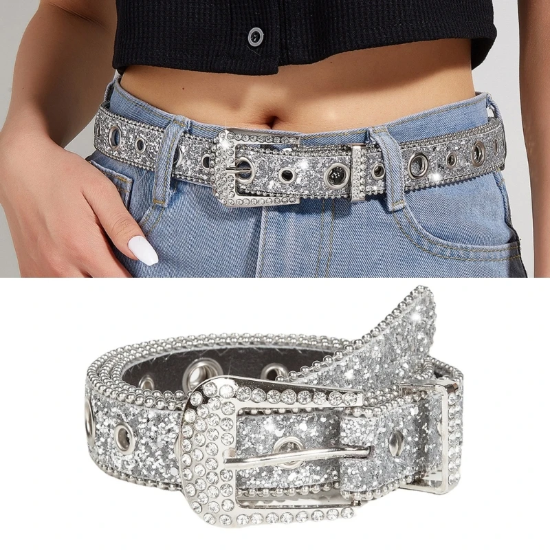 

Locomotive Waist Belt Shinning Buckle Belts for Woman Men Luxurious Full Sequins Waist Strap for Jeans Dropship