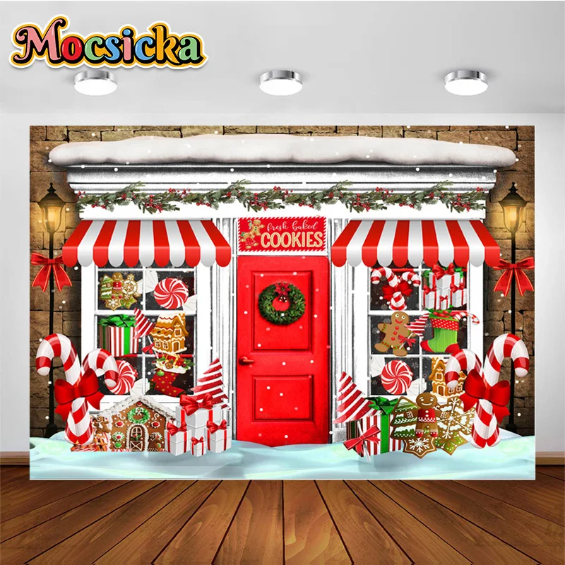 

Christmas Shop Backdrop for Photography Gingerbread House Candy Cane Snow Xmas Background for Kids Happy New Year Photo Studio