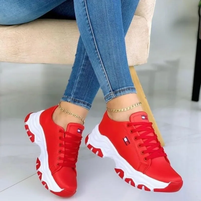 2024 Spring New Women's Casual Sports Shoes Fashionable Lace-up Thick-soled Sports Shoes Outdoor Casual Vulcanized Shoes