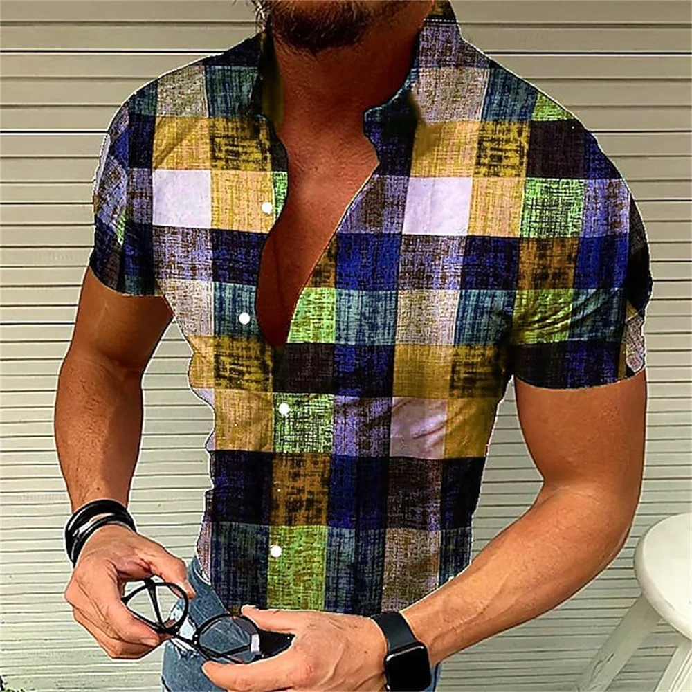 Men's retro plaid short sleeved flip collar printed shirt for street leisure and high-quality vacation designer clothing 2