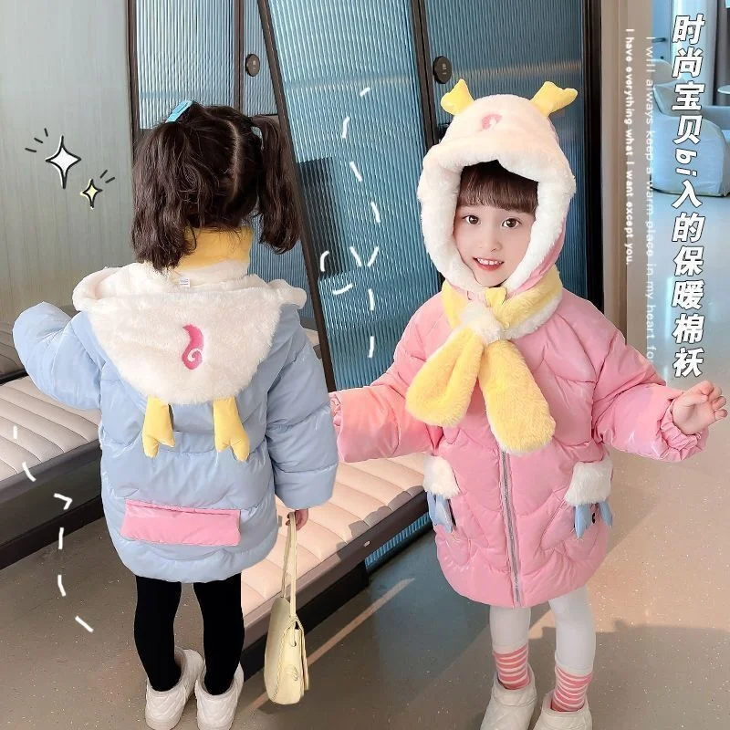 Girls& Cotton Jacket Winter 2023 New Sweet Lovely Reindeer Horn Hooded With Scarf Children&s Clothes Plush Pink Warm