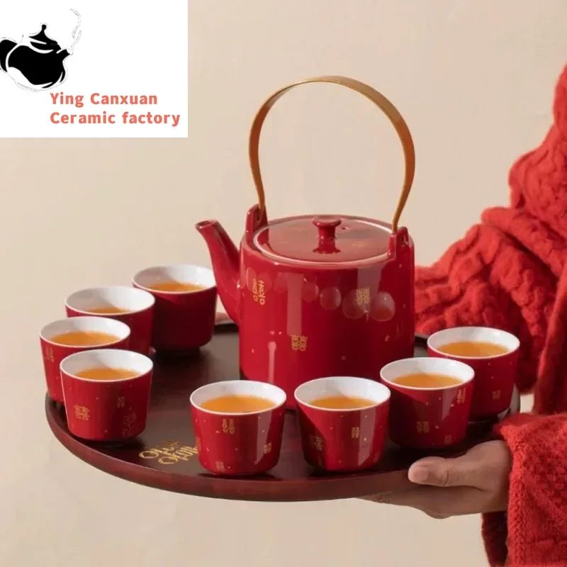 

Chinese Tradition Red Ceramic Tea Set Tray Handmade Teapot Kettle Teacups Household High-grade Wedding Teaware Sets Luxury Gifts
