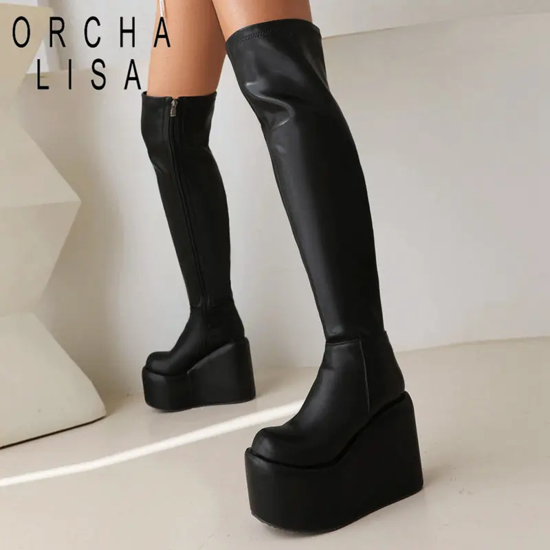 

ORCHA LISA Sexy Women Thigh Boots Round Toe Wedges High Heel 11.5cm Platform Hill 7cm Zipper Plus Size 42 42 Stretch Party Booty