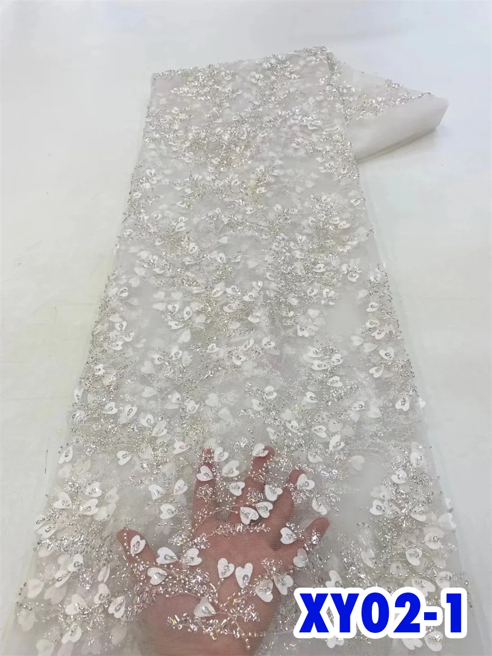 

White 3D Floral Net Lace Fabric Dubai Swiss Luxury Wedding Dress Sewing High Quality Beaded Embroidery Mesh Lace Material 5Yards