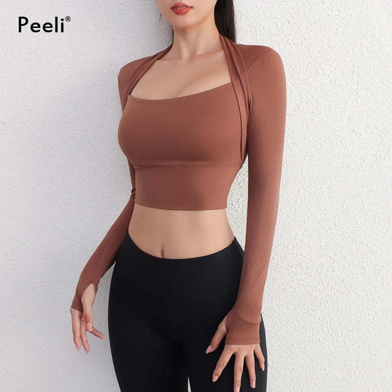 Yoga Shirts Women Gym Crop Tops Long Sleeve Gym Sports Top with Pad Breathable Running T-Shirts Fitness Workout Yoga Clothing