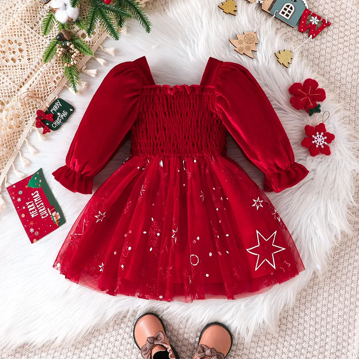 Christmas Day Baby Childrens Clothing 0-5 Y Trendy Girls Puffy Sleeve Dress Patchwork Mesh Snowflakes Dresses