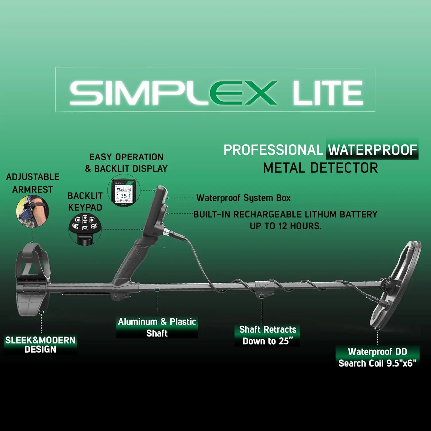 Nokta Simplex Lite Metal Detector with 9.5&rdquo; Waterproof DD Search Coil, Vibration for Detecting Underwater