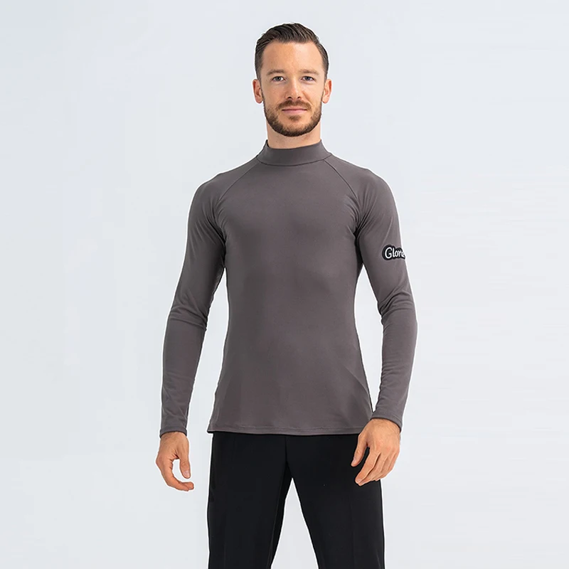 

Long Sleeve Latin Dance Tops Black Ballroom Dancing Competition Wear Black Grey High Collar Shirt Tango Practice Clothes VDB7775