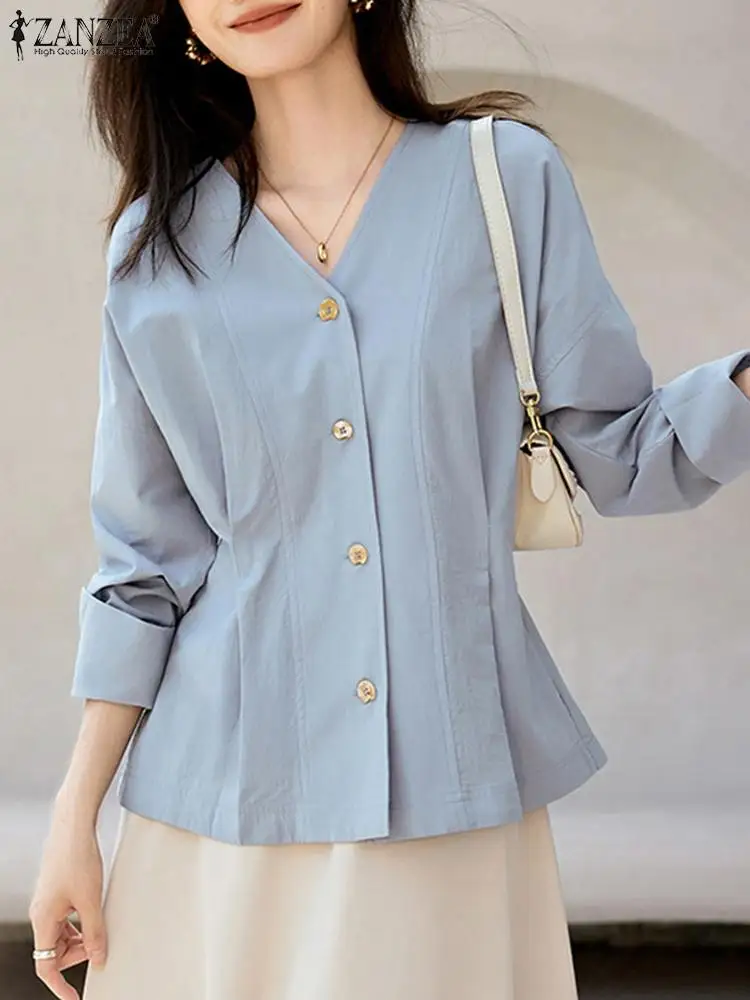 

ZANZEA Elegant Work Shirt Women V Neck Long Sleeve Blouse Autumn Spring Fashion Tops Causal Solid Buttons Blusas Femme Chemise