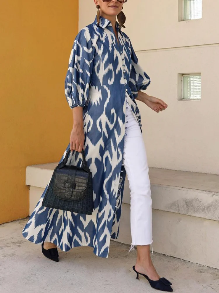 

Женское платье-рубашка с принтом, с пышными рукавами