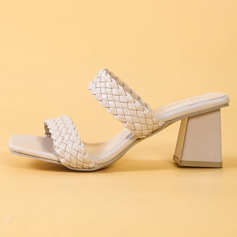 TSTCTB Summer New Slippers Women Sandals Square Heels One-word Woven Belt Women Mules Design Slippers Slides Shoes Female