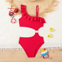 Bikini Girls Kids Swimsuits One Shoulder Ruffles Swimwear Solid Color Backless Bathing Suit 1