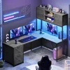 L Shaped Gaming Desk, Reversible Computer Desk with Fabric Drawers and Power Outlet, Gaming Desk with Led Lights 1