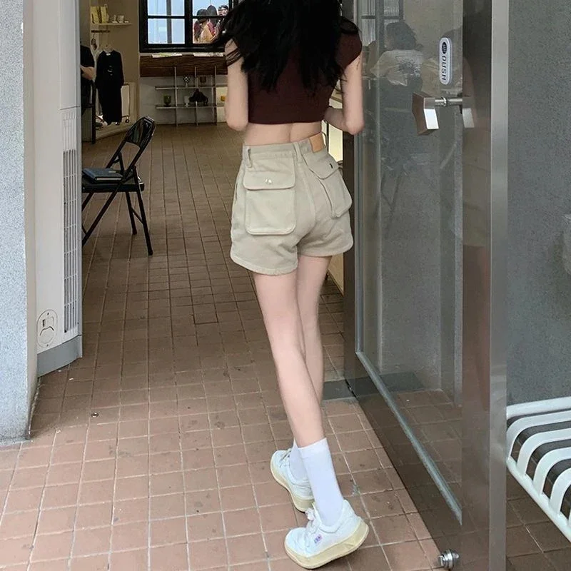 Cargo Denim Shorts Women Streetwear High Waist Slim Jeans Shorts Summer Vintage Khaki Pockets Casual All Match Short Pants