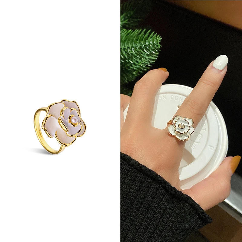 2022 Korean New White Camellia Opening Ring Fashion Temperament Versatile Ring Female Jewelry Internet Celebrity Same Style