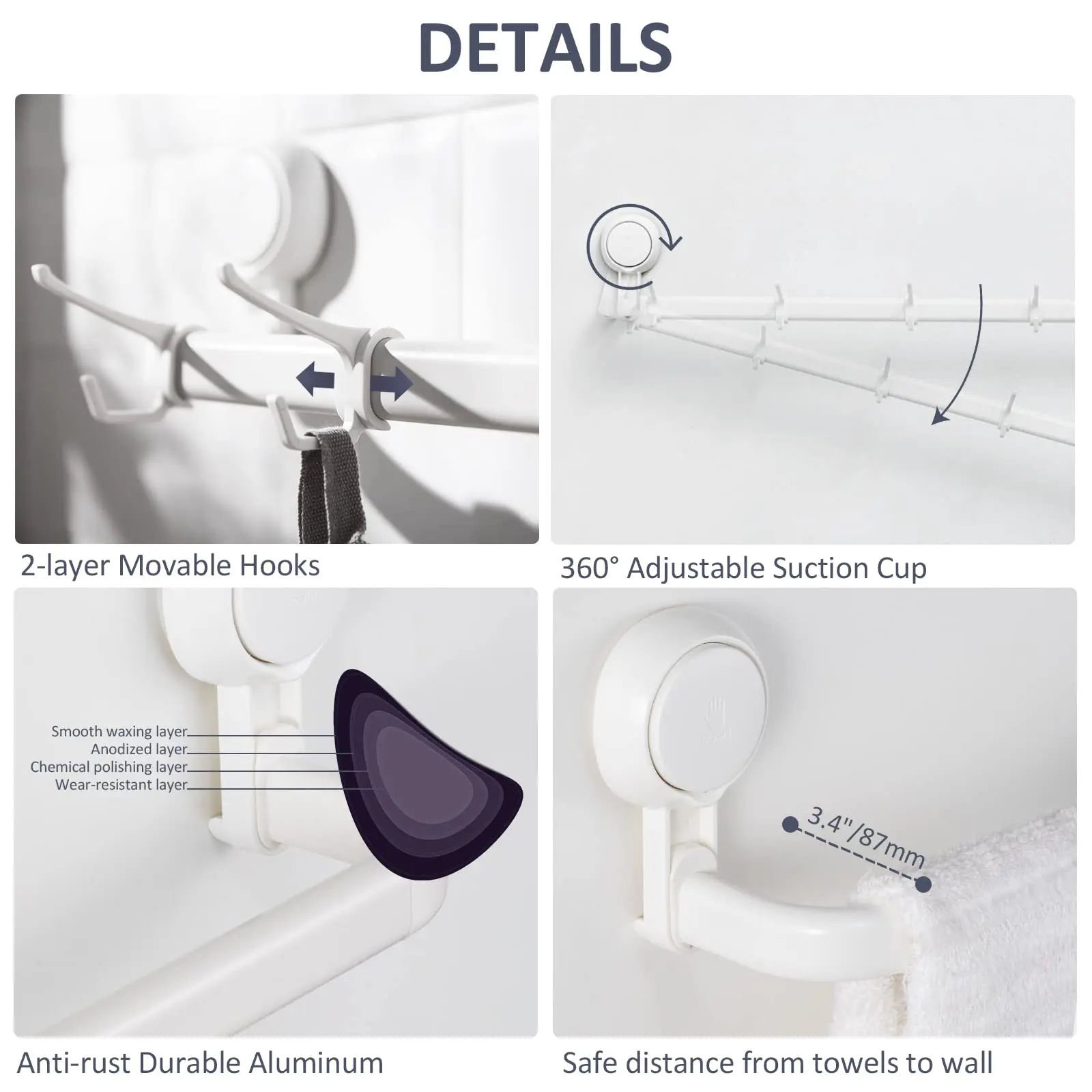 TAILI Shower Hanging Towel Bar 5 Hooks Drill-Free Suction Cup Towel Rack Wall Mounted Removable Holder Bathroom