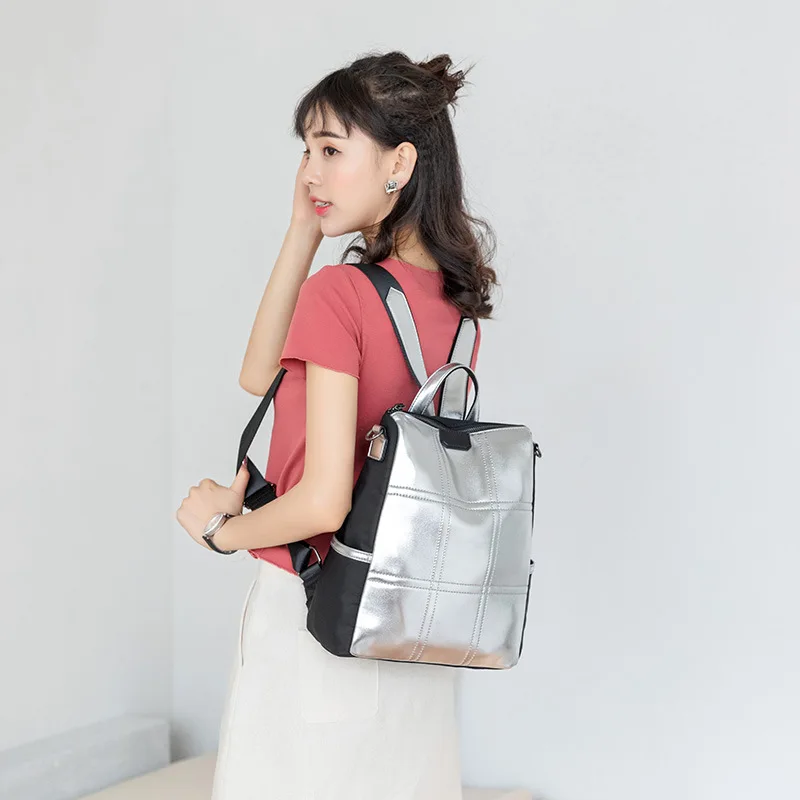 New women's bag women's fashion casual silver reflective personality PU dual-purpose shoulder bag backpack mini backpack