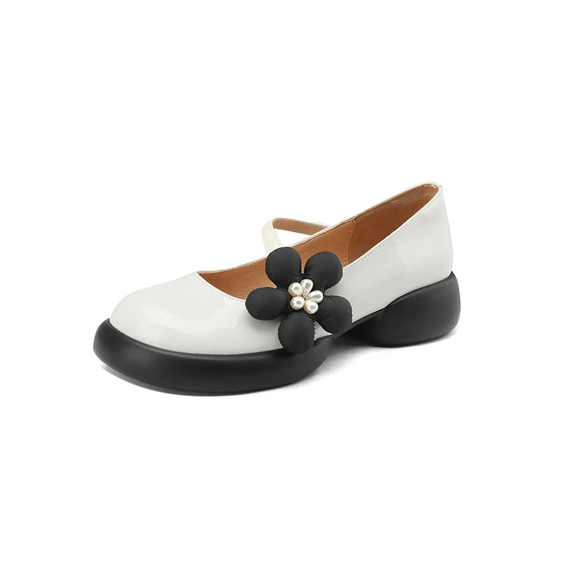 

2023 new Spring women pumps natural leathe 22-24.5cm cowhide+pigskin round toe Pearl flower Lolita sweet Mary Jane shoes