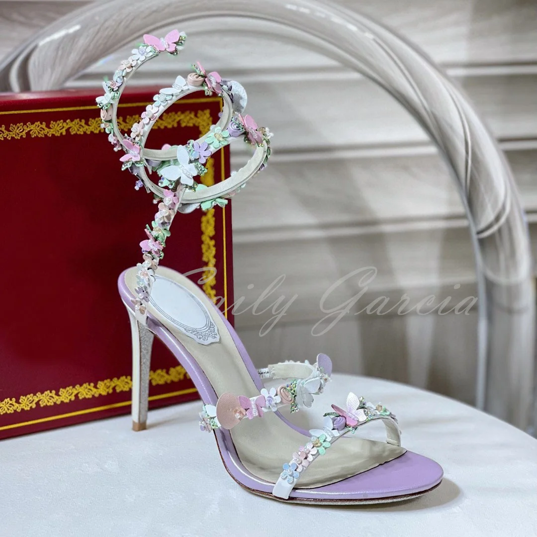 

Summer New Snake Wrapped Thin High Heel Sexy Roman Sandals Women Round Toe Ankle Strap Fairy Flower Banquet Party Shoes