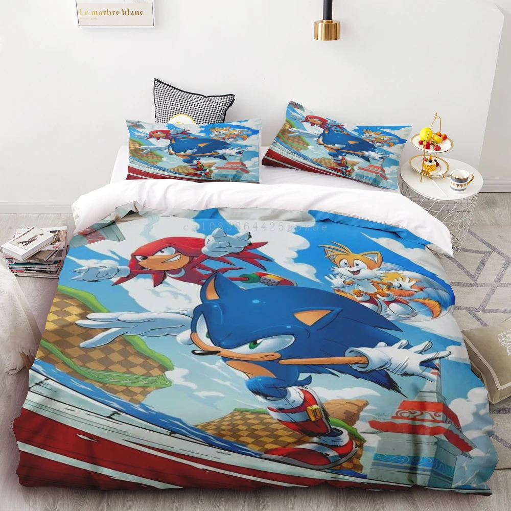 thumbnail image 1 of Juego de edredón con estampado digital 3D de Sonic Boy, 3 piezas, suave, 100 % poliéster, tamaño king, para adolescentes, regalo, 1 of 5