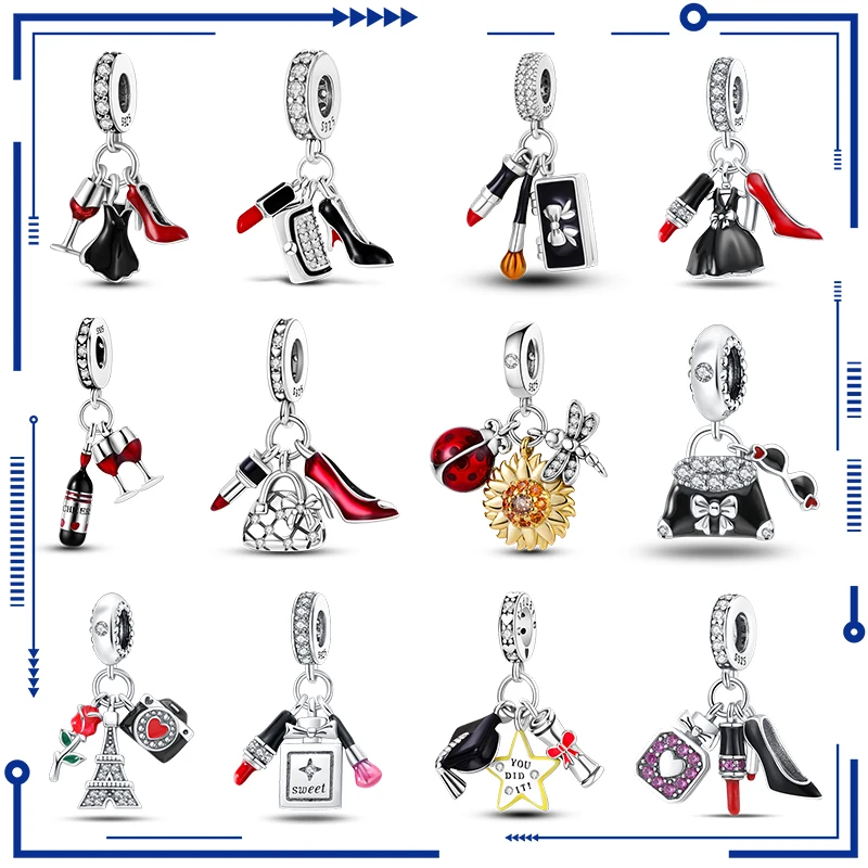 2023 New Red High Heels Lipstick Bag Three Piece Set Charm Beads Fit Pandora Original Bracelet Women Silver Pendant Bead Jewelry