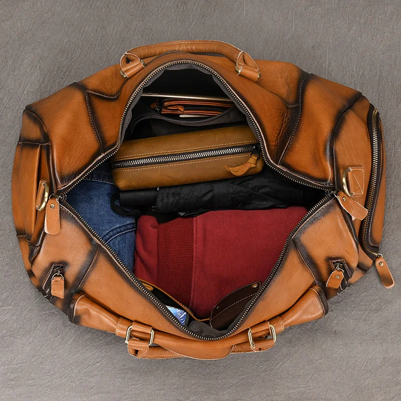 Luufan Men Genuine Leather Travel Bag With Shoes Pocket Retro Real Leather Travel Bag Vegetable Duffel Large Capacity Tote
