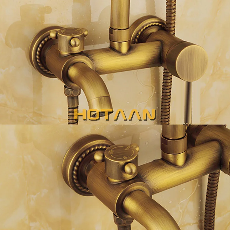 Bathroom shower faucet set Wall Mounted Mixer Valve Rainfall Antique Brass Shower Faucet Complete Sets + 8" Brass Shower Head + Hand Hose YT-5337A
