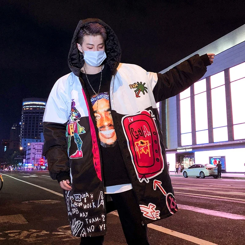 

Men's Graffiti Print Puffer Jacket, Hip Hop Clothing, Padded Coat with Hood, Oversized Punk Streetwear, Fashion Trends, Winter,
