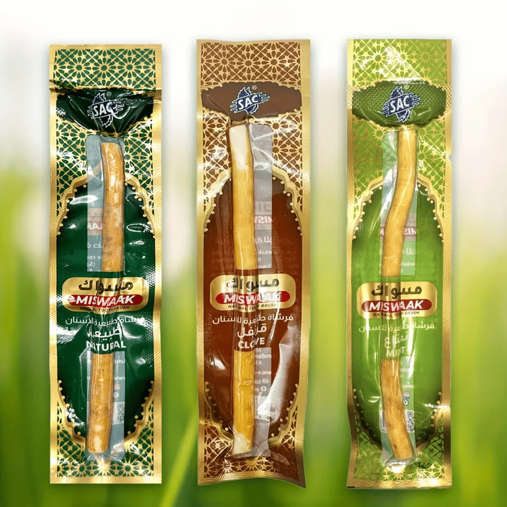 3 brosses à dents en forme de bâtonnets Miswak aux saveurs variées - Plantes arabes naturelles pour des dents saines et une haleine plus fraîche (menthe, original et clou de girofle)
