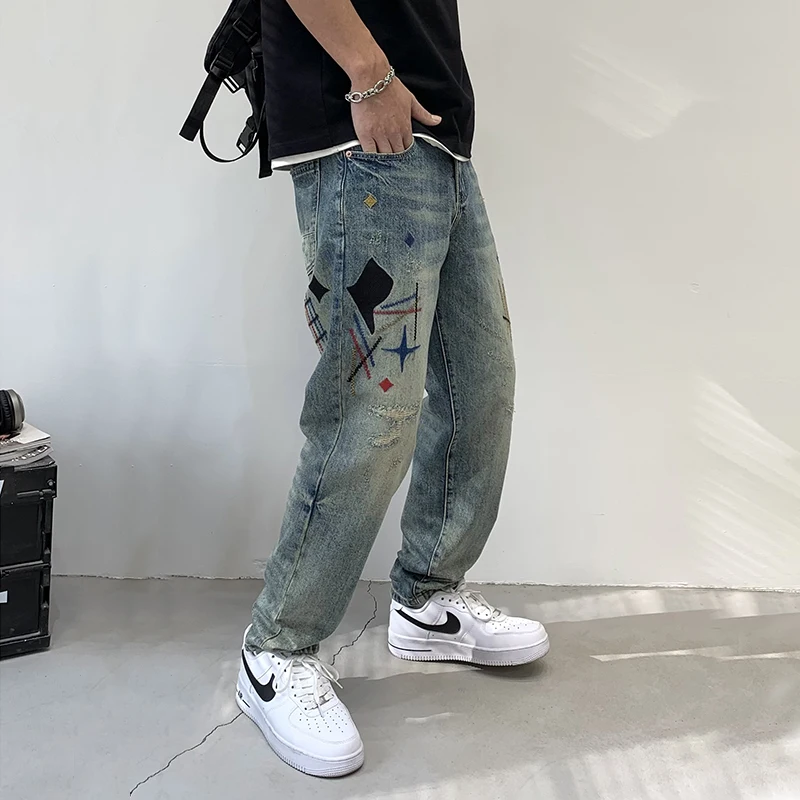 New American Style Embroidered Straight Leg Jeans For Men'S High Street Trendy Retro Loose Floor Casual Versatile Denim Pants