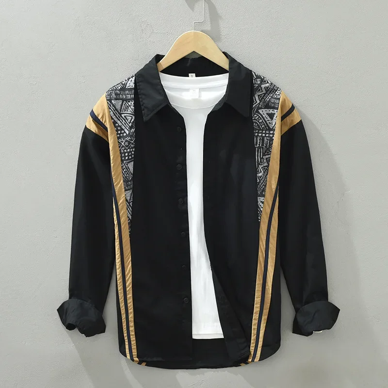 

Korean Style New Spring Autumn Men's Patchwork Printed Turn-down Collar Cotton 100% Shirts Long Sleeve Loose Casual Men Clothes