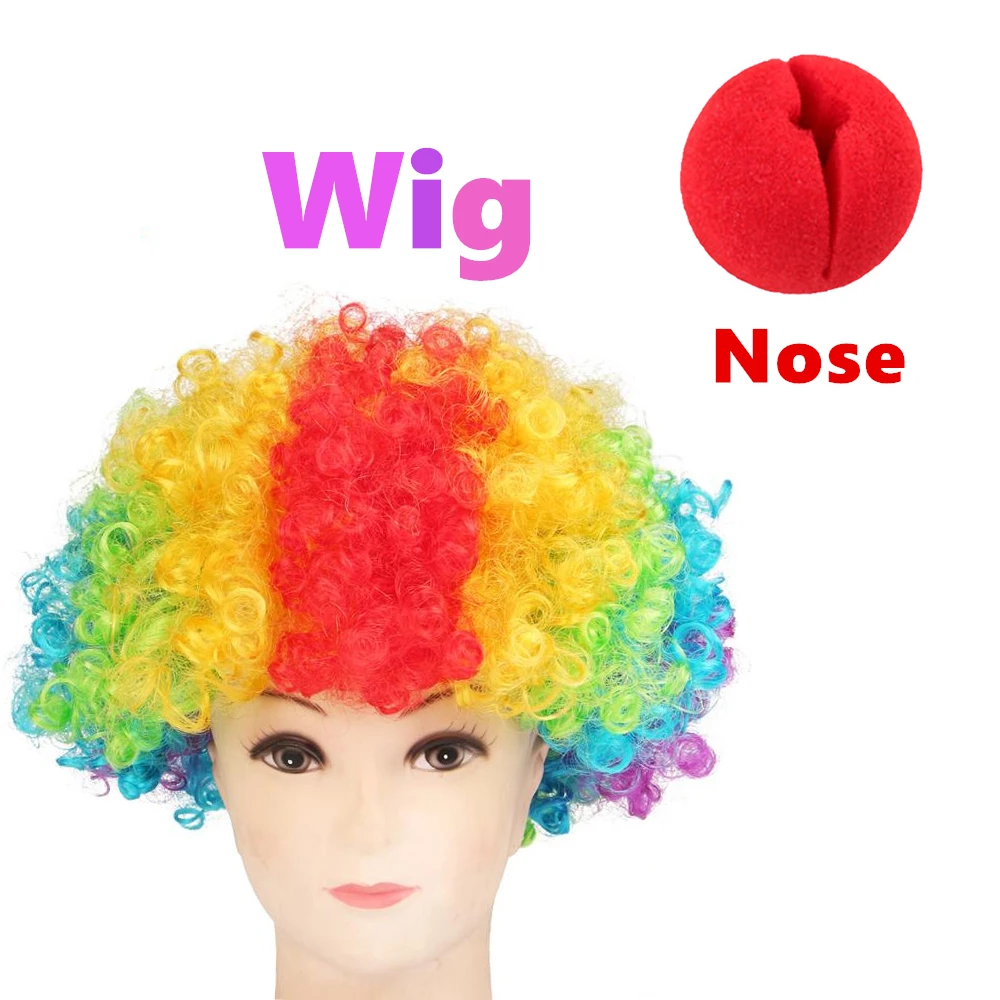 Funny Clown Costume Magic Show Party Cosplay Clothes Top Hat Colored Wig False Nose Entertaining Activities Dress Up