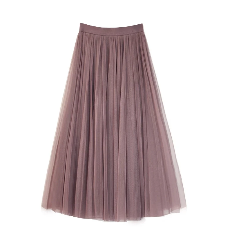 High Waist Women Long Mesh Maxi Skirt Slim A line Pleated Skirt 3 Layer
