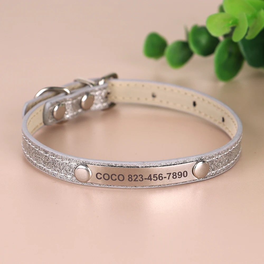 Custom Bling Leather Cat Collar with Engraved ID Nameplate for Cats & Small Dogs
