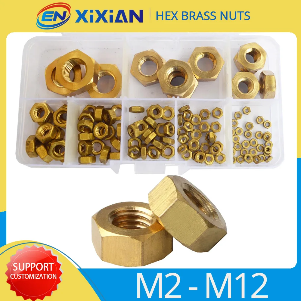 

M2 M3 M4 M5 M6 M8 M10 M12 M14 Brass Hex Nuts Metal Metric Threaded Hexagonal Copper Nut for Screw Bolt Set Assortment Kit