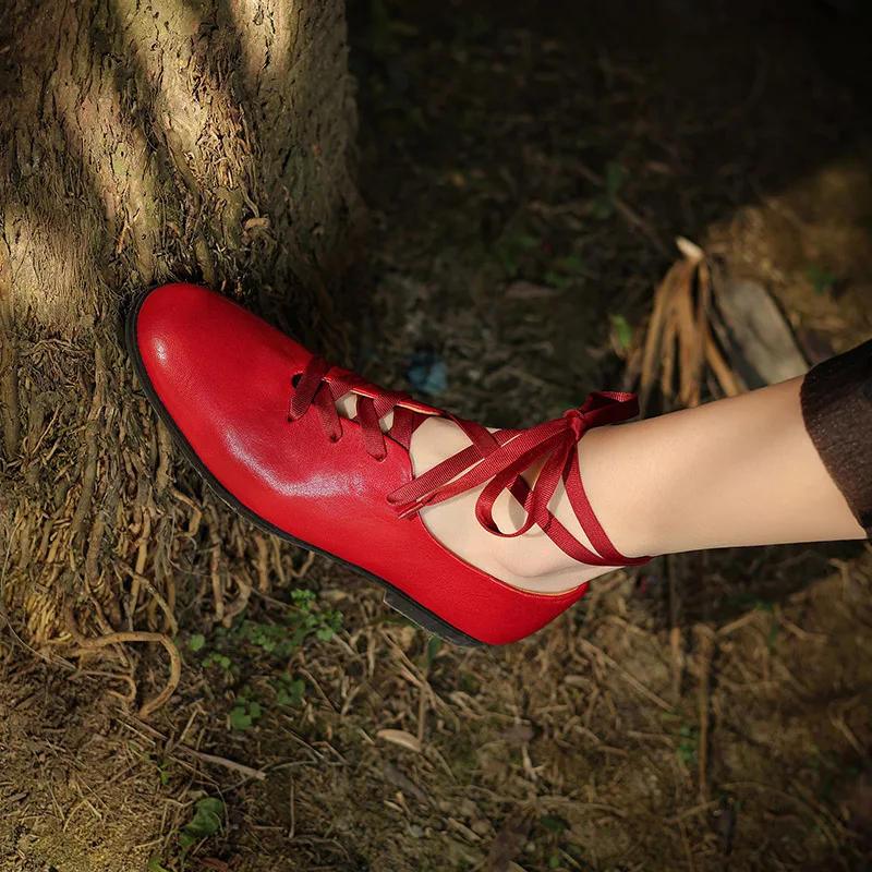 

Phoentin Red Ankle strap ballets flats shoes women Genuine leather two wear low heels 2024 spring round toe party Pumps FT3165