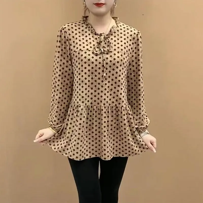 

Female Clothing Casual Polka Dot Blouse Fashion Edible Tree Fungus Drawstring 2023 Spring Autumn Long Sleeve Commute Loose Shirt