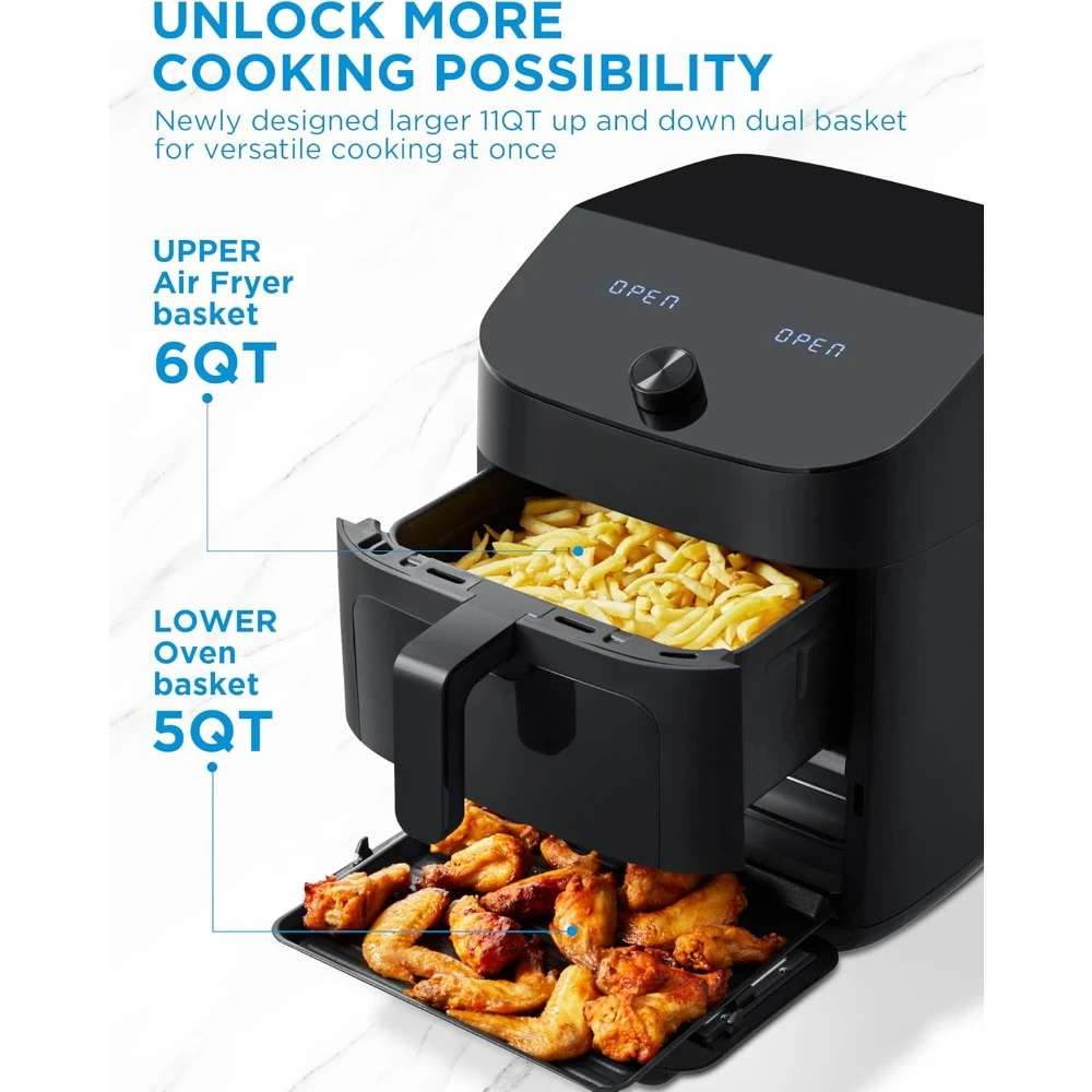 Air Fryer, Dual Basket Air Fryer Oven, 11 Quart 8 in 1 Functions, Wi-Fi Connectivity, 50+ App Recipes, Black, Air Fryer 3
