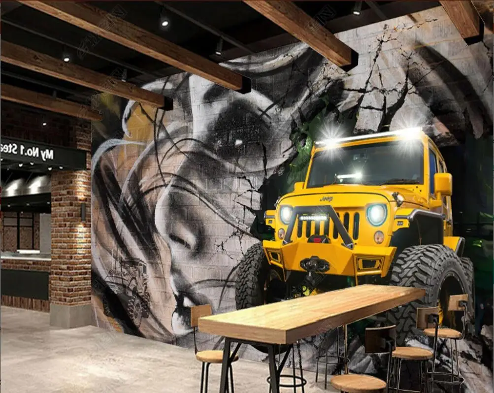 

customised mural photo wallpaper 3d Yellow off-road car breaking the wall bedroom home decor living room wallpaper for walls 3d
