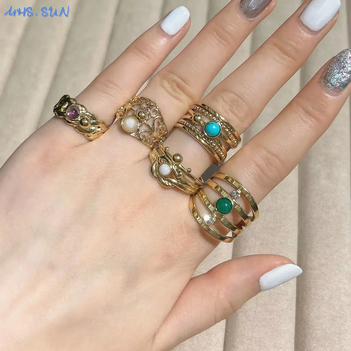 Damen Edelstahl Hohlring mit Naturstein Böhmischer Zirkon Verstellbarer Offener Ring mit Echtgold-Beschichtung Schmuck – Detail 6